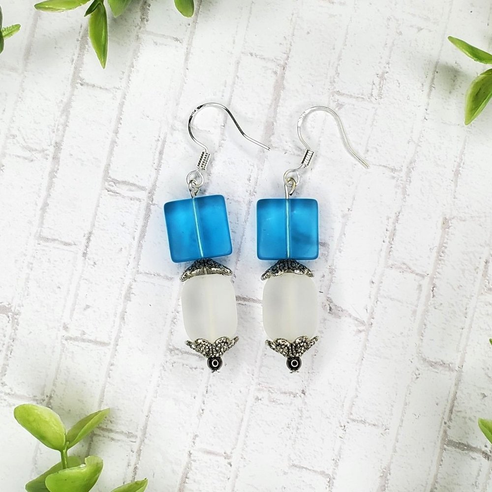 3/$25 Boho Beach Glass Earrings - Frosted Glass Blue White Silver